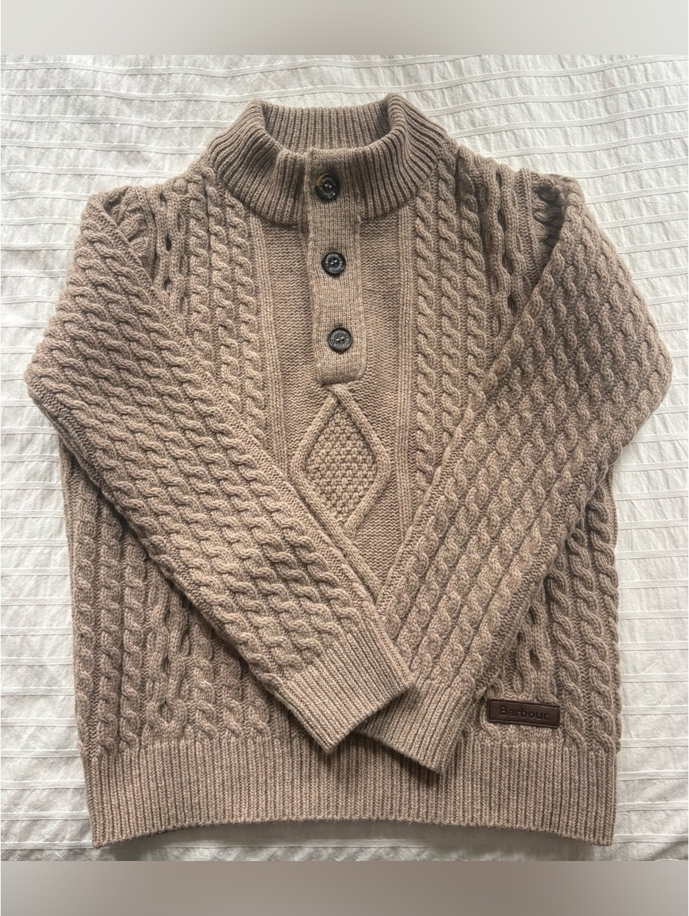 Barbour Boy’s Kirkham Cable Knit Button-Front Sweater in Taupe